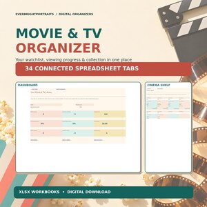 Movie and TV Tracker Spreadsheet, 34 Tabs, Watchlist, Episode Log, DVD Blu-ray 4K Collection, Movie Night Planner XLSX Bundle