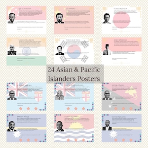 Pode incluir: Uma colagem de 24 cartazes com retratos de líderes asiáticos e insulares do Pacífico. Cada cartaz inclui um nome, um título e uma breve biografia da pessoa. Os cartazes estão dispostos em uma grade com um fundo rosa claro e azul.