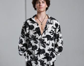 Heren bloemenshirt zwart wit, oversized button-down shirt, bijpassende outfit voor paar, mode herenshirt, uniseks bloemenshirt