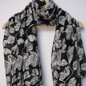 Black Scarf With Gooseberry Leaves Print, Cotton Scarf With Gold Accents, Women&#39;s Exclusive Wrap, Light Scarf, Birthday Gift For Her.