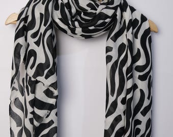 Black Swirl Print Scarf, Cotton Viscose Blend, Lightweight Shawl