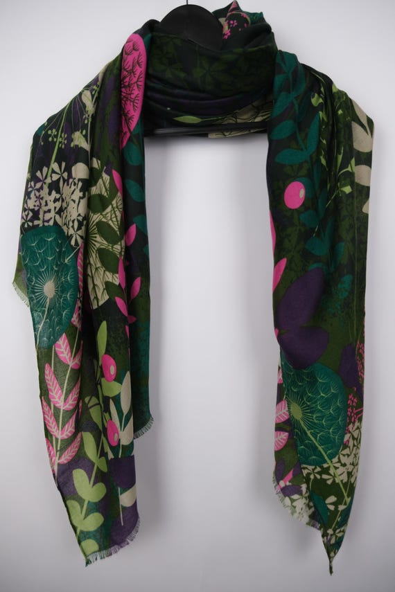 Deep Green Botanical Floral Print Women's Scarf, Elegant Women's Wrap Soft and warm, Women's Special Gift for Birthday Christmas