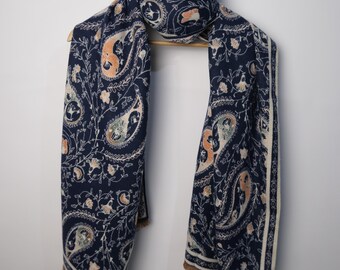 Paisley Wool Viscose Shawl, Navy Blue Stole, Warm Winter Scarf