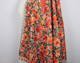 OFF White Kashmiri Wool Shawl Multicolour Combination Floral Embroidery, Women's Elegant Year-round Wrap, Soft Warm Scarf, Her Birthday Gift