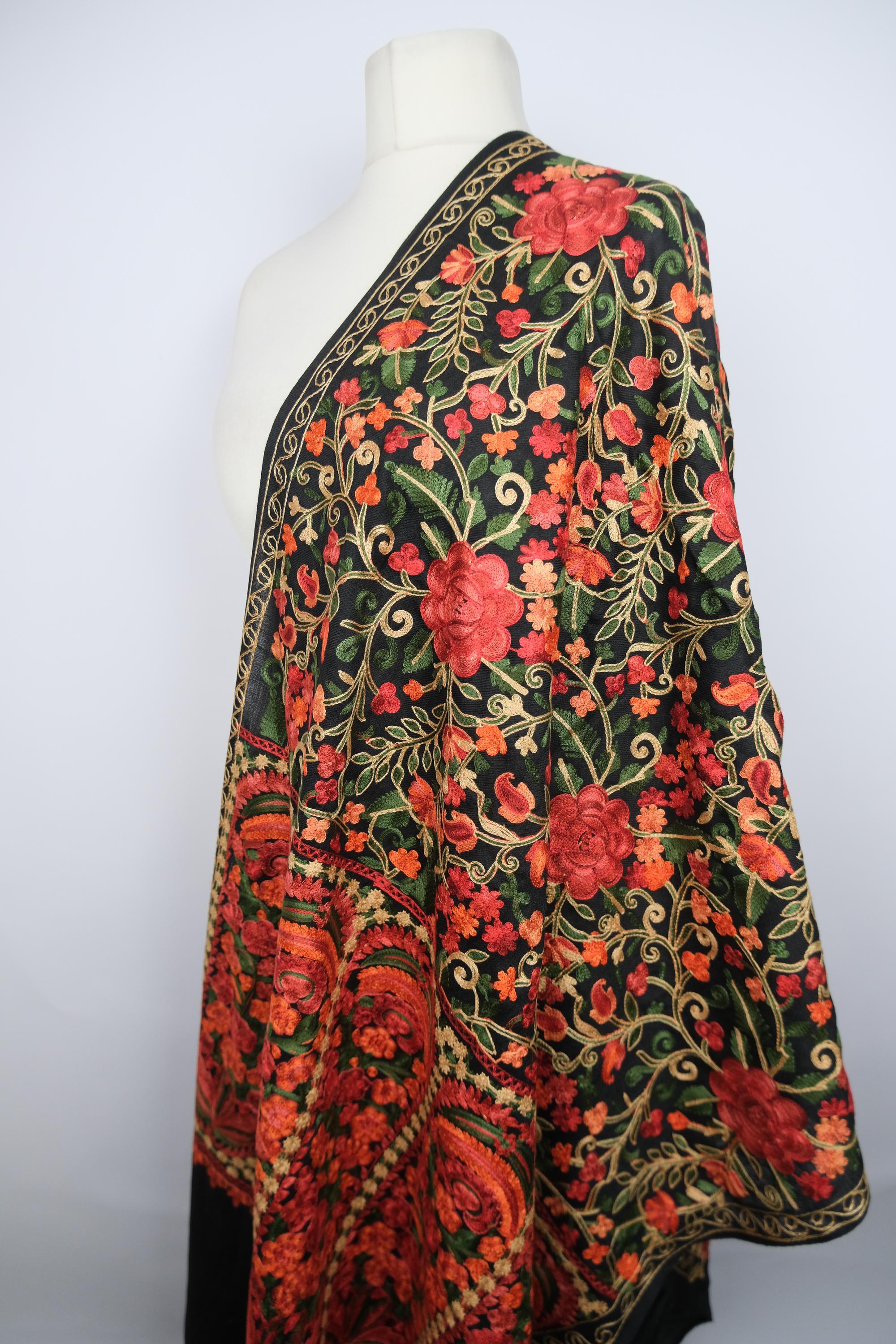Women's Kashmiri Shawl Multicolour Floral Embroidery on A Black