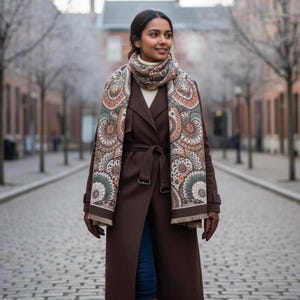 Può includere: Una donna indossa un cappotto marrone e una sciarpa fantasia. La sciarpa presenta un motivo ripetuto nei toni dell'arancione, del verde e del crema. Il cappotto è stretto in vita e ha un design lungo. Indossa anche guanti marroni.