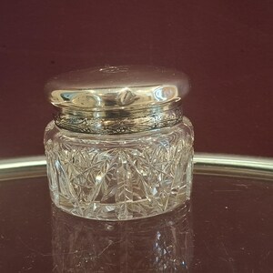 Large Latvian Hallmarked 875 Silver Capped Foliate Edge, Cut Glass Vanity Jar/Trinket Pot Initialled "HJ" c1920s, Dents to Cap.