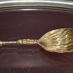 Pode incluir: Uma colher dourada com um cabo decorativo e uma tigela em forma de concha. O cabo apresenta detalhes ornamentados e um design torcido. A colher é provavelmente feita de metal e é exibida em uma superfície escura.