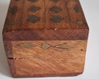 Rectangular Vintage Trinket Wooden Box with Brass Inlay