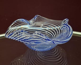 Vintage Turkish PASABAHCE Glass Bowl Cobalt Blue and White Swirls