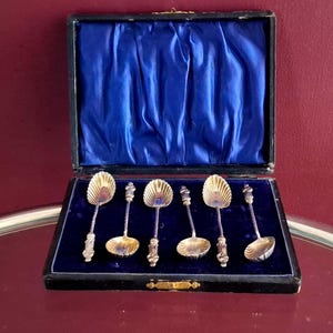 May include: A set of six silver-toned spoons with shell-shaped bowls and ornate handles, arranged in a black rectangular presentation box lined with deep blue satin fabric. The spoons feature intricate detailing on the stems and handles.