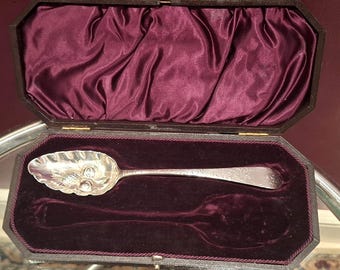 Antyczna łyżka z motywem jagód z czasów Jerzego III ze srebra próby 925, łyżka z tłoczonym etui, Londyn 1796