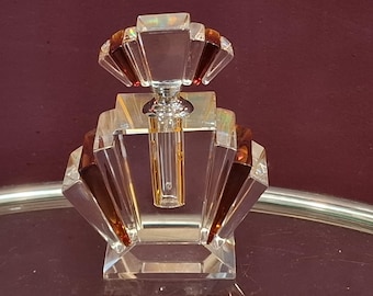 Large Sized ART DECO Style Fan Shaped Perfume Bottle in Dark Amber and Clear Glass