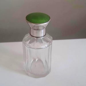 Può includere: Una bottiglia in vetro trasparente con un corpo sfaccettato a più lati e un collo in metallo color argento. La bottiglia è sormontata da un tappo circolare verde testurizzato. Il design presenta un collo largo e svasato su una base in vetro.