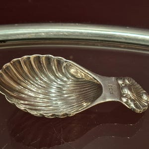 Op de afbeelding: Een zilverkleurige, schelpvormige lepel met een geribbelde kom en een decoratief handvat. De lepel ligt op een donker oppervlak en het handvat heeft een gedetailleerd ontwerp. Het ontwerp van de lepel doet denken aan antiek zilverwerk.