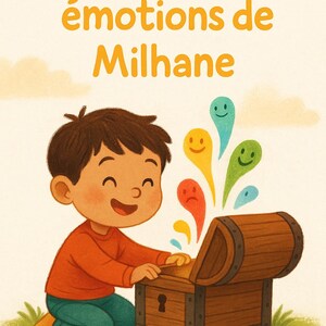 May include: A young boy with brown hair and a red shirt opens a wooden treasure chest. Colorful, smiling faces emerge from the chest, representing emotions.