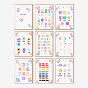 Peut inclure: Ensemble de 10 affiches éducatives imprimables pour la maternelle ou le jardin d'enfants. Les affiches présentent des illustrations colorées de lettres, de nombres, de formes, de couleurs et de météo. Les affiches sont conçues sur le thème de l'arc-en-ciel et de la licorne.