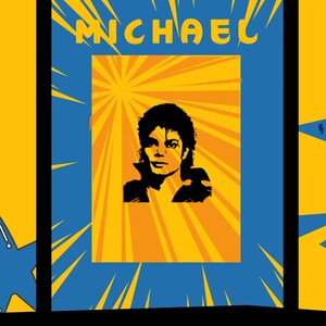 May include: Three yellow and blue posters with a starburst design. The posters feature the names "AMY", "MICHAEL", and "DAVID" in black text. Each poster features a black and white image of a famous musician: Amy Winehouse, Michael Jackson, and David Bowie.