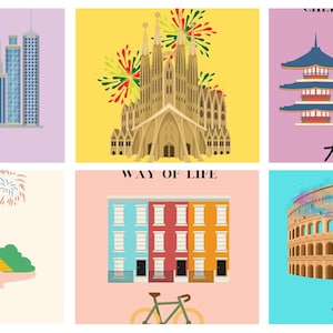 World Cities Posters in Colorful, Vintage and Preppy Style. Set of 6 Aesthetic City Posters to Print