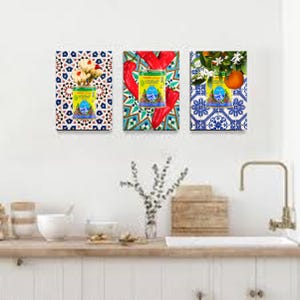 Pop Art Posters Homenaje a Túnez - Conjunto de 3 carteles - Mosaico, Loza, Harissa y Flores