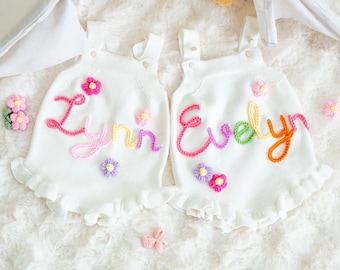 Niestandardowy kombinezon z imieniem dla dziecka, spersonalizowany ręcznie haftowany sweterek z dzianiny, spersonalizowane body niemowlęce, prezent dla dziewczynki, prezent na baby shower