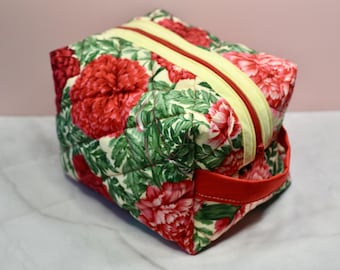 Large Quilted Make Up Bag Vintage Floral Makeup Bag - Handmade - Upcycled Accessories- Travel Bag - Made in USA