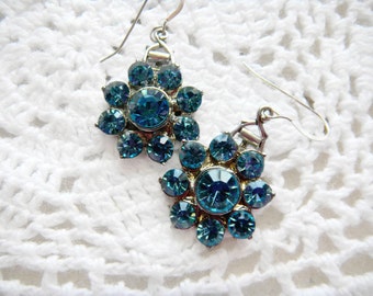 Blue Crystal Rhinestone Earrings Sterling Silver Earwires