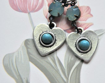 Heart Charm Earrings with Opal Color Rhinestone