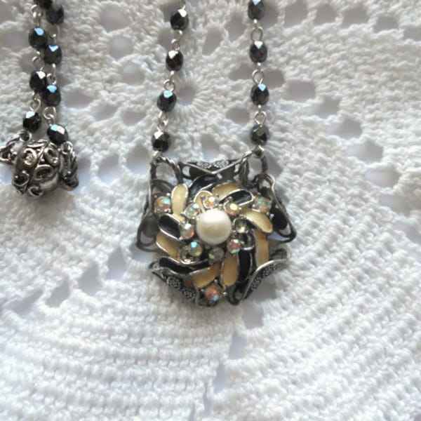 Vintage Clip Earring Repurposed Metal Filigree Wrap Hematite Rosary Chain Magnet Clasp Faux Pearl Enamel Rhinestones Recycled