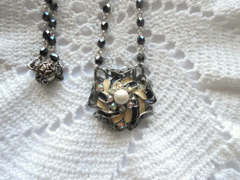 Vintage Clip Earring Repurposed Metal Filigree Wrap Hematite Rosary