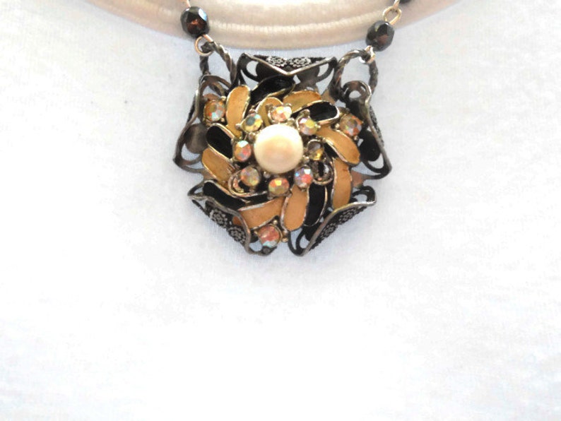 Vintage Clip Earring Repurposed Metal Filigree Wrap Hematite Rosary