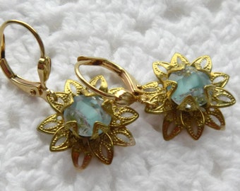 Vintage Aqua Givre Rhinestone Earrings, Lever Back Earwires