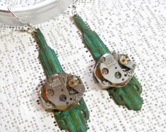 STEAMPUNK EARRINGS, Art Deco Style, Verdigirs Patina, Swiss Jewel, Matching Watch Works, Recycled, Repurposed Watch