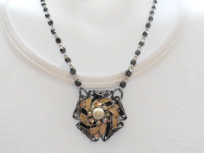 Vintage Clip Earring Repurposed Metal Filigree Wrap Hematite Rosary