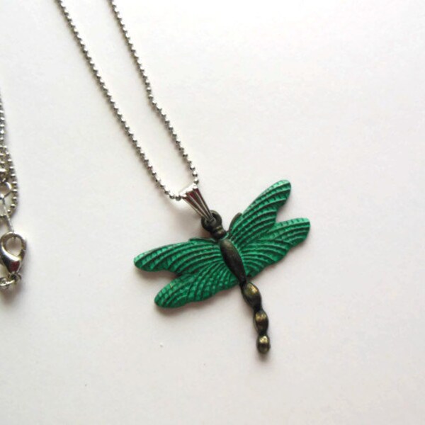 Green Patina Dragonfly Pendant, Rhodium Plated Ball Chain