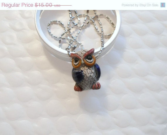 Owl Necklace , Blue Wings, Ceramic Owl, Rhodium Plated Chain