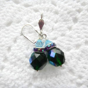 Czech and Swarovski Crystals, Kelly Green Earrings, Aurora Borealis, , Leverback Earrings, Light Blue Swarovski Crystals