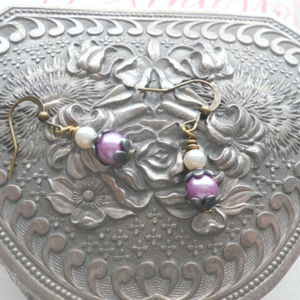 SALE:  Small Lavender Earrings, Lavender Glass Pearls, White Glass Pearls, Brass Beadcaps, Bridesmaids, Flowergirl, Prom