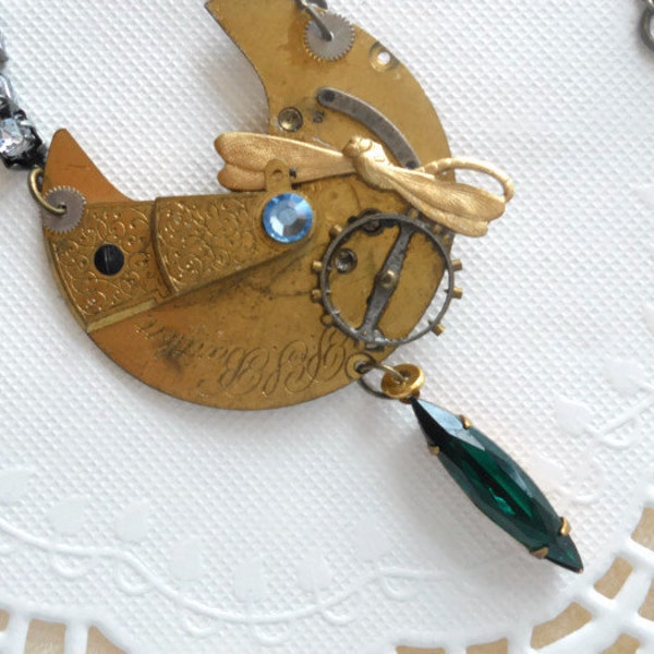 Steampunk Vintage Assemblage Repurposed Pocket Watch Emerald Navette Dragonfly One of a Kind