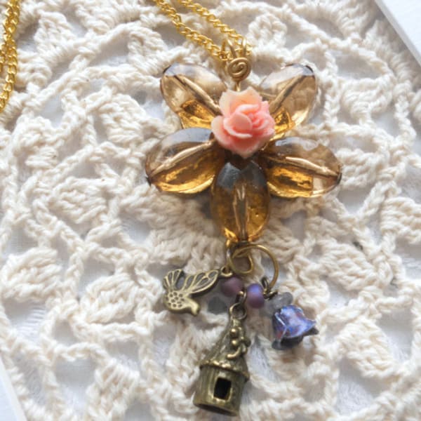 Repurposed Pendant,Birdhouse, Bird, Metal Flower,, Amethyst Rainbow Beads, Pink Resin Rose, Charm Necklace, Handmade Bail