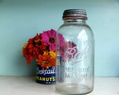 vintage 1940s Ball mason jar ribbed back and original zinc lid 1/2 gallon size , large