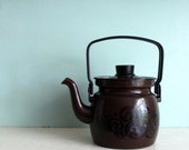 Vintage Danish modern brown tea  kettle with mod black enamel design and black handle