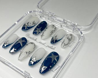 Silver Star Press On Nails | Blue French Tips, Rhinestones