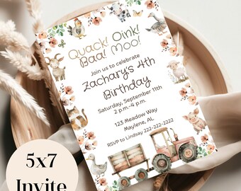 May include: A 5x7 inch invitation for a farm-themed birthday party. The invitation features a watercolor illustration of farm animals, a tractor, and flowers. The text on the invitation reads "Quack! Oink! Baa! Moo! Join us to celebrate Zachary's 4th Birthday. Saturday, September 11th 2 p.m.-4 p.m. 123 Meadow Way Maylene, AL RSVP to Lindsay 222-222-2222"