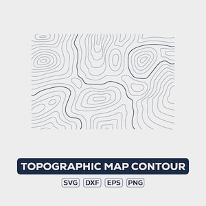 May include: A black and white topographic map contour design. The image features a series of curved lines representing elevation changes. The text "TOPOGRAPHIC MAP CONTOUR" is displayed below the map, along with file type icons.