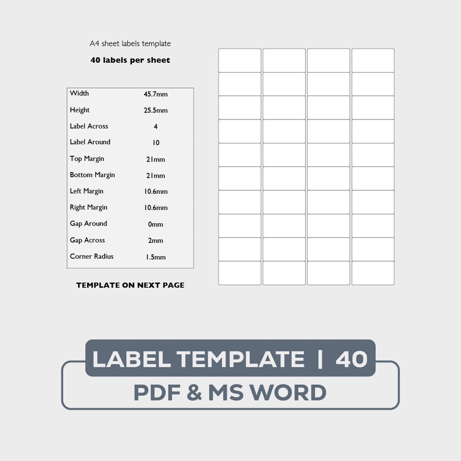 A4 Label Template, 40 Labels per Sheet (PDF & MS Word) - Etsy