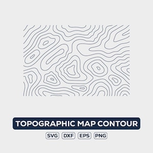 May include: A topographic map contour design in navy blue lines on a light gray background. The design features a series of curved lines that create a visual representation of elevation changes. The text "TOPOGRAPHIC MAP CONTOUR" is displayed in a dark blue rectangle.