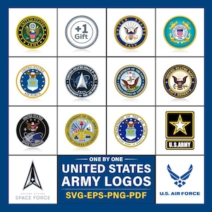 May include: A collage of 12 United States military branch logos, including the Army, Navy, Air Force, Space Force, and Space Command. The logos are arranged in a grid pattern on a blue background. The text "One by One United States Army Logos SVG-EPS-PNG-PDF" is displayed below the logos.