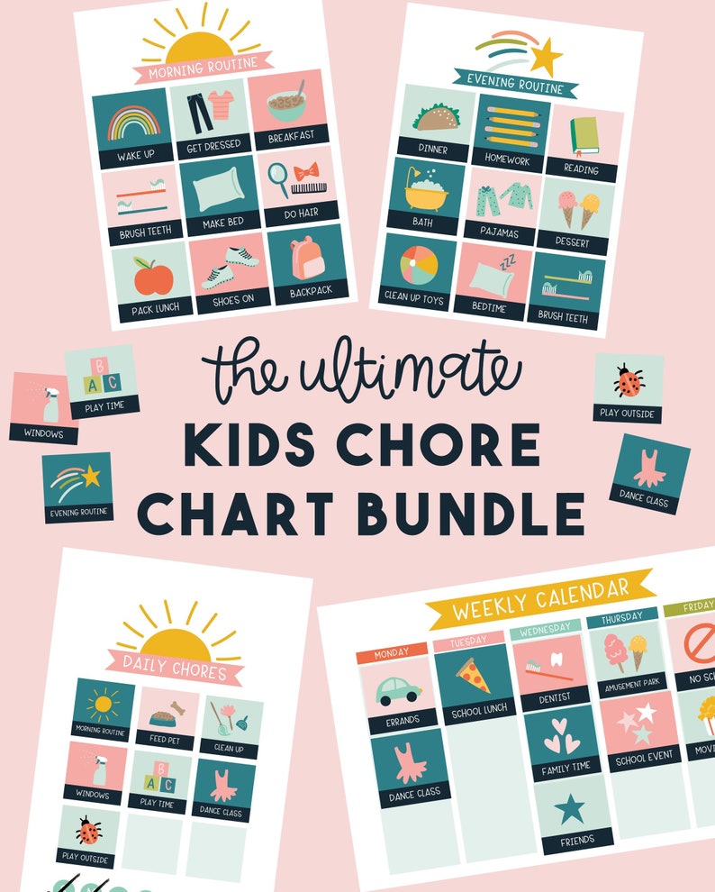 Ultimate Pink Kids Chore Chart Bundle Calendar and Chore Charts for Kids image 1