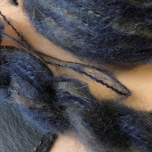Può includere: Primo piano di un filo blu scuro e grigio con un filo nero che lo attraversa.